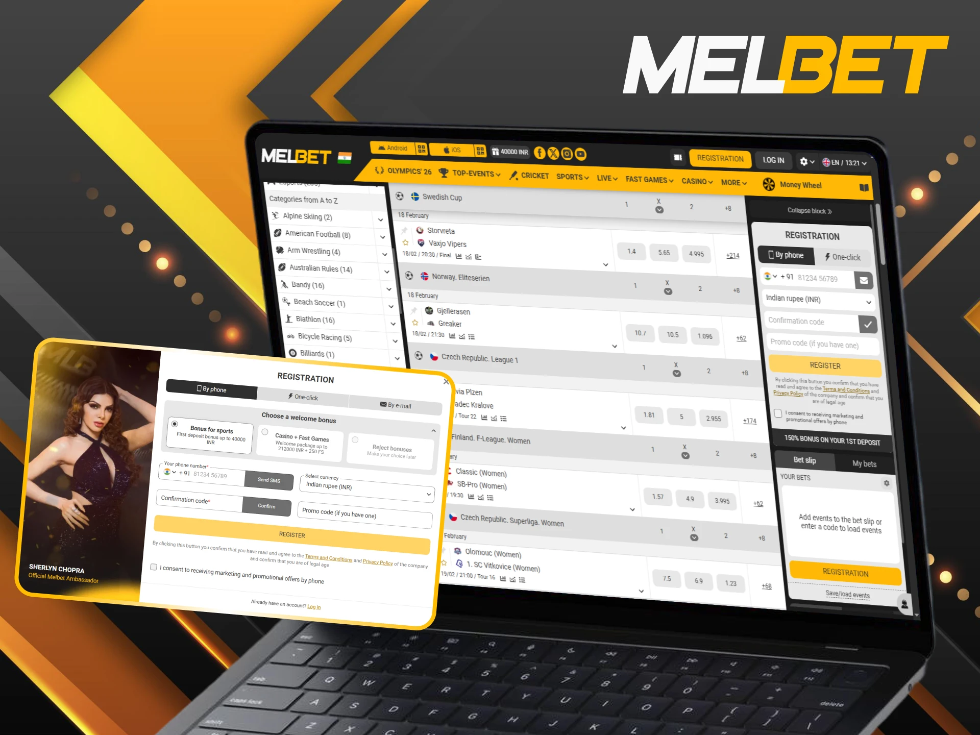 Sign up and finish Melbet registration for floorball betting in India.