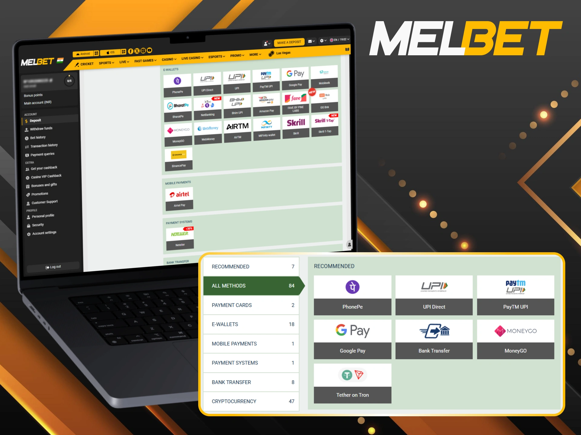Choose secure payment methods for your Melbet football betting account.