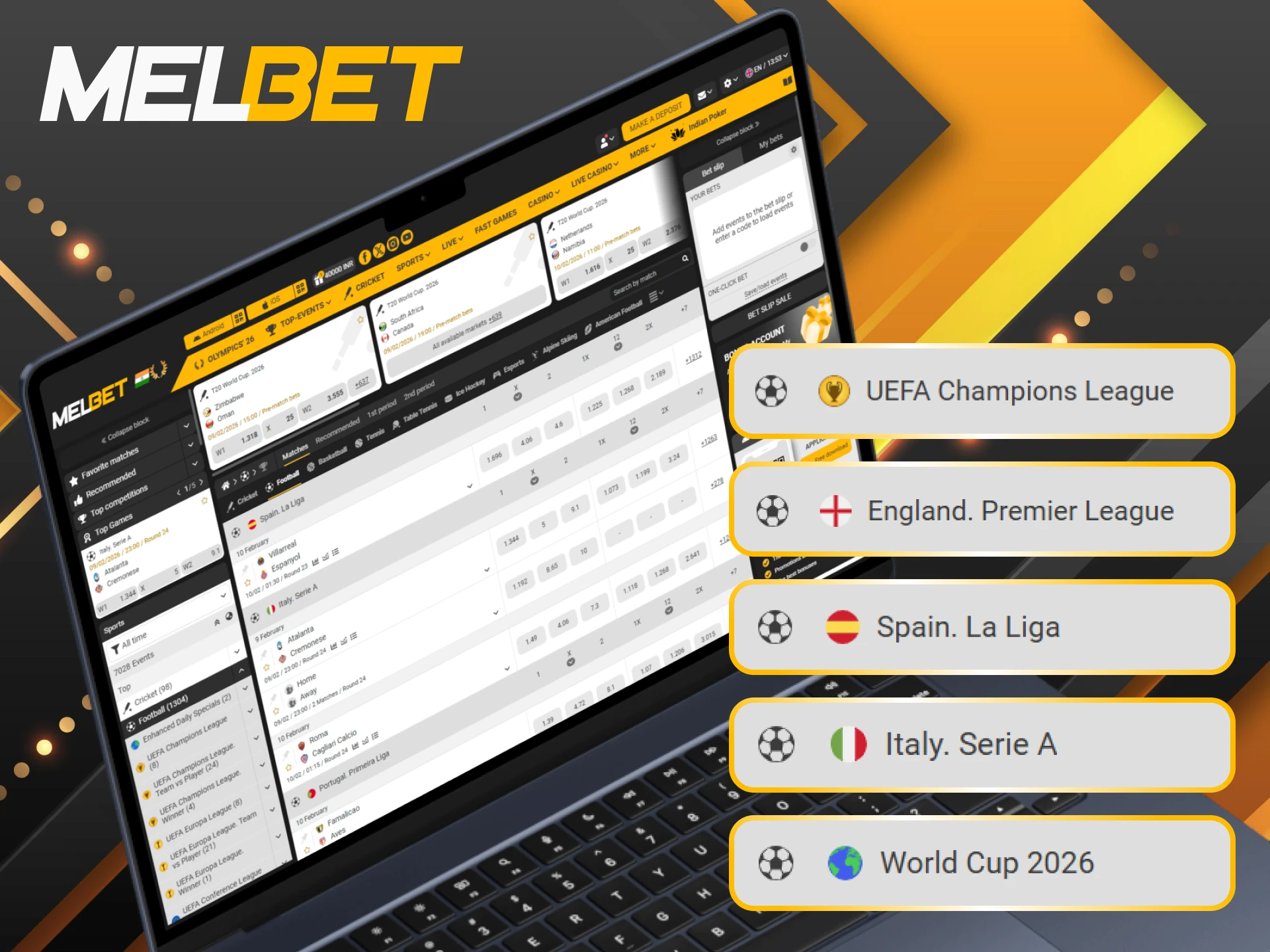 Wager on popular football tournaments and win real money at Melbet.