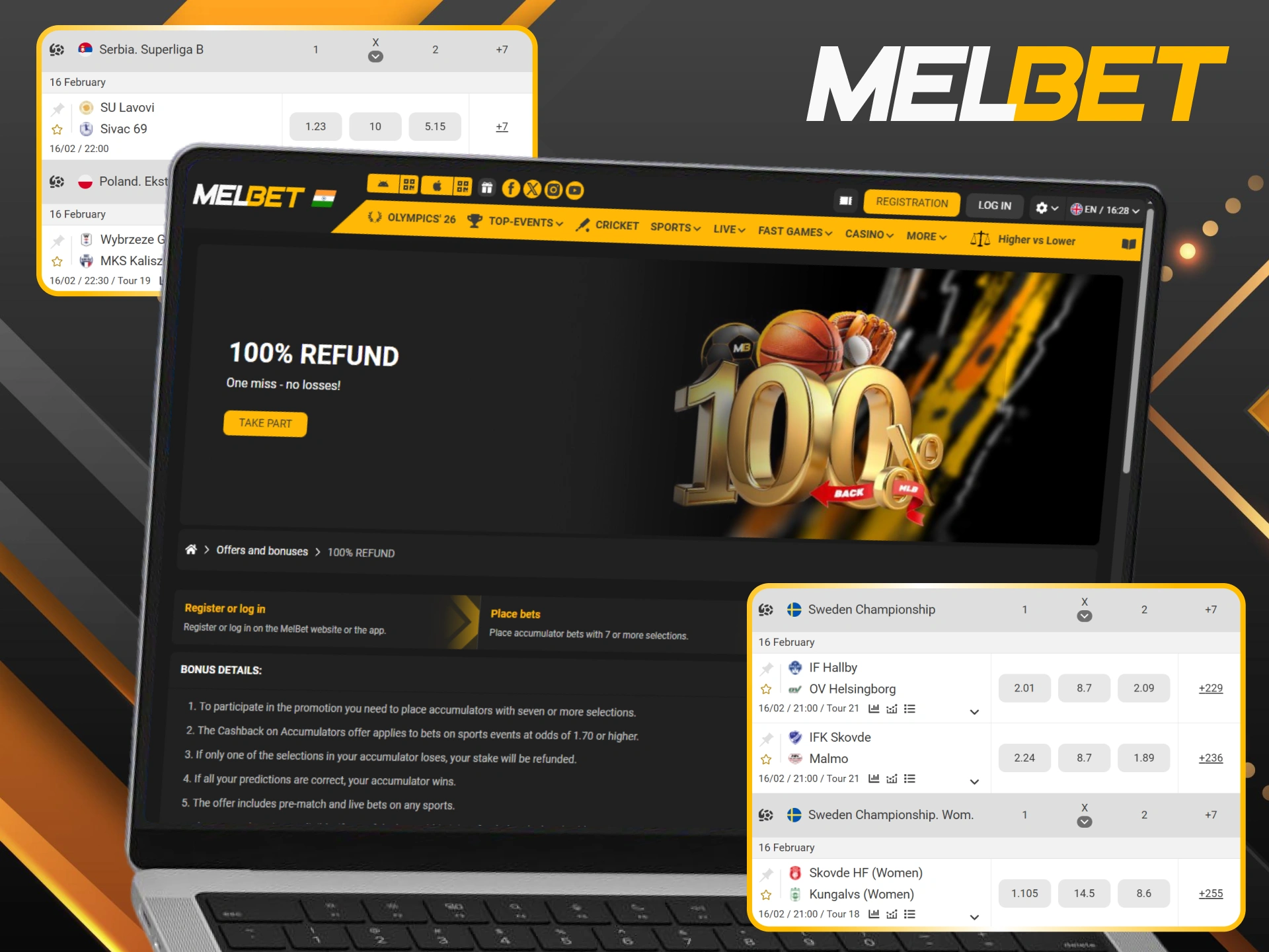 Stay safe with a 100% refund on accumulators if one handball leg fails at Melbet.