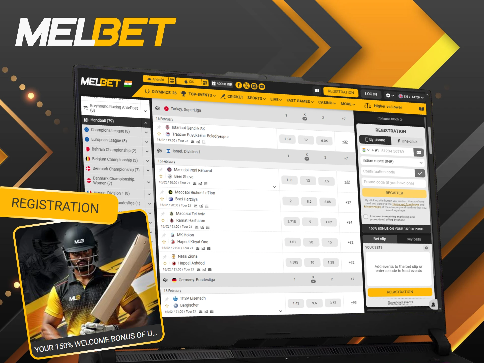 Claim a 150% sports welcome bonus to maximize your Melbet handball predictions.