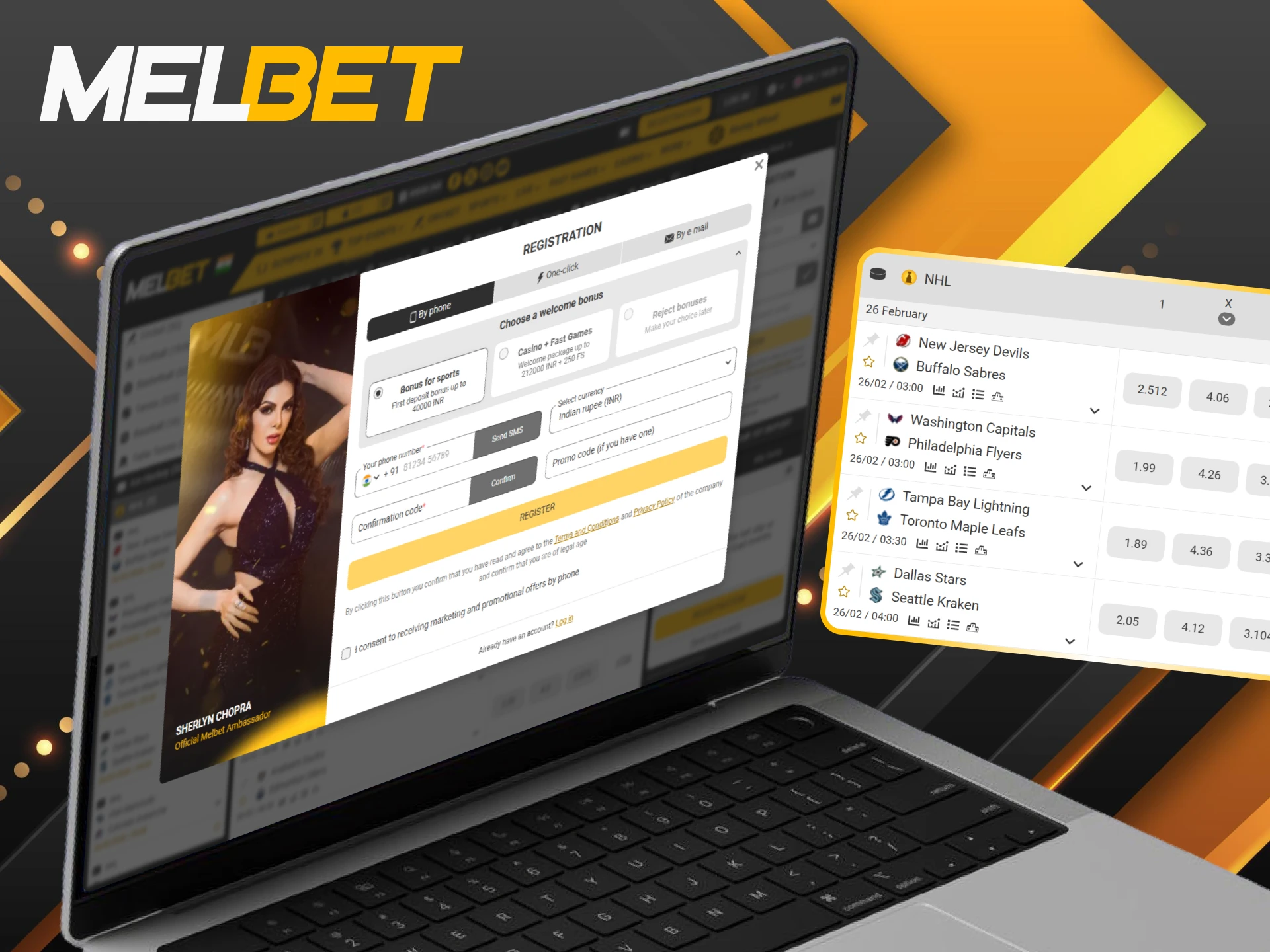 Complete the registration for new users to bets on NHL and start your Melbet ice hockey journey.
