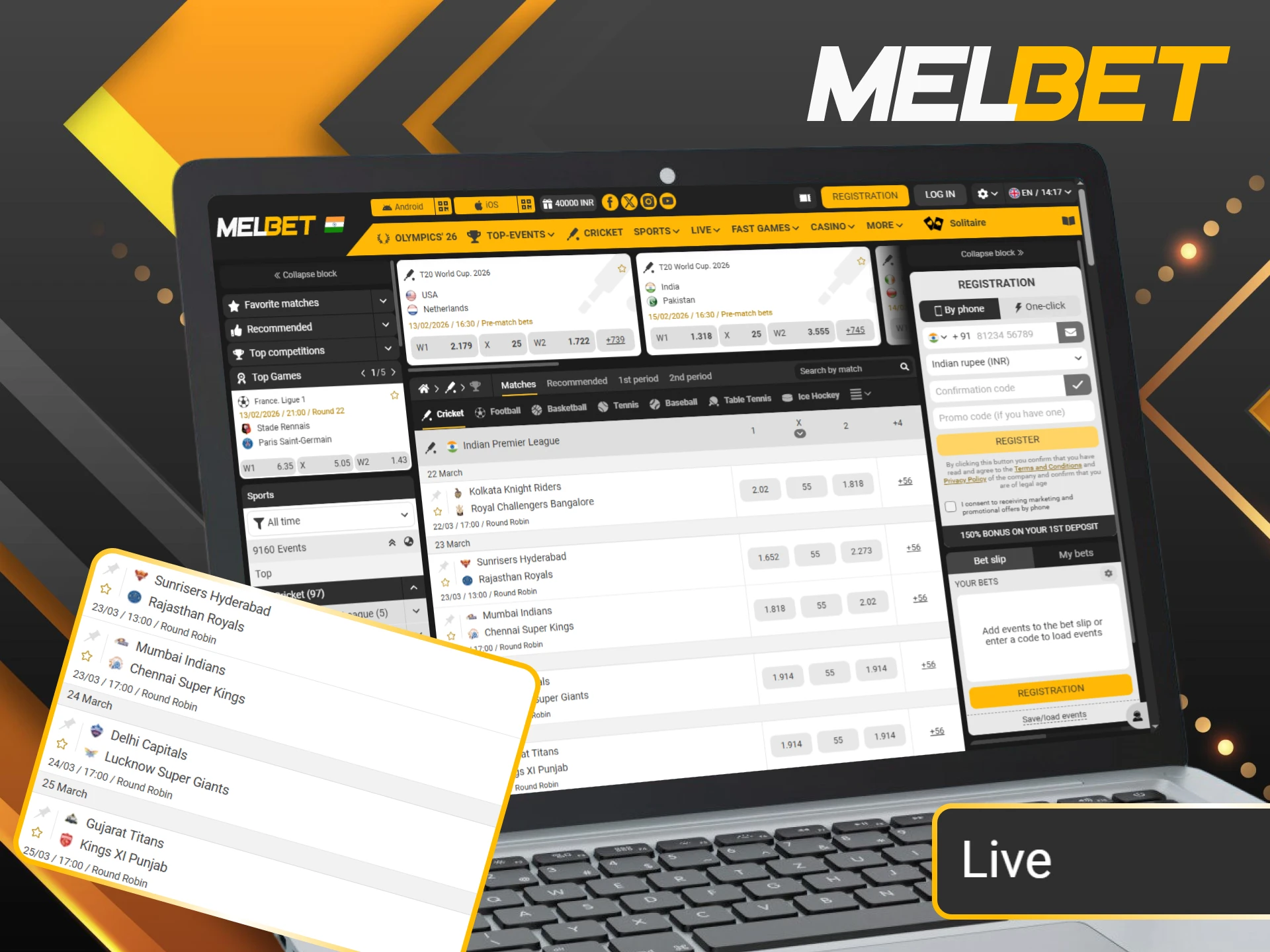 Place live bets on Indian Premier League matches at Melbet.