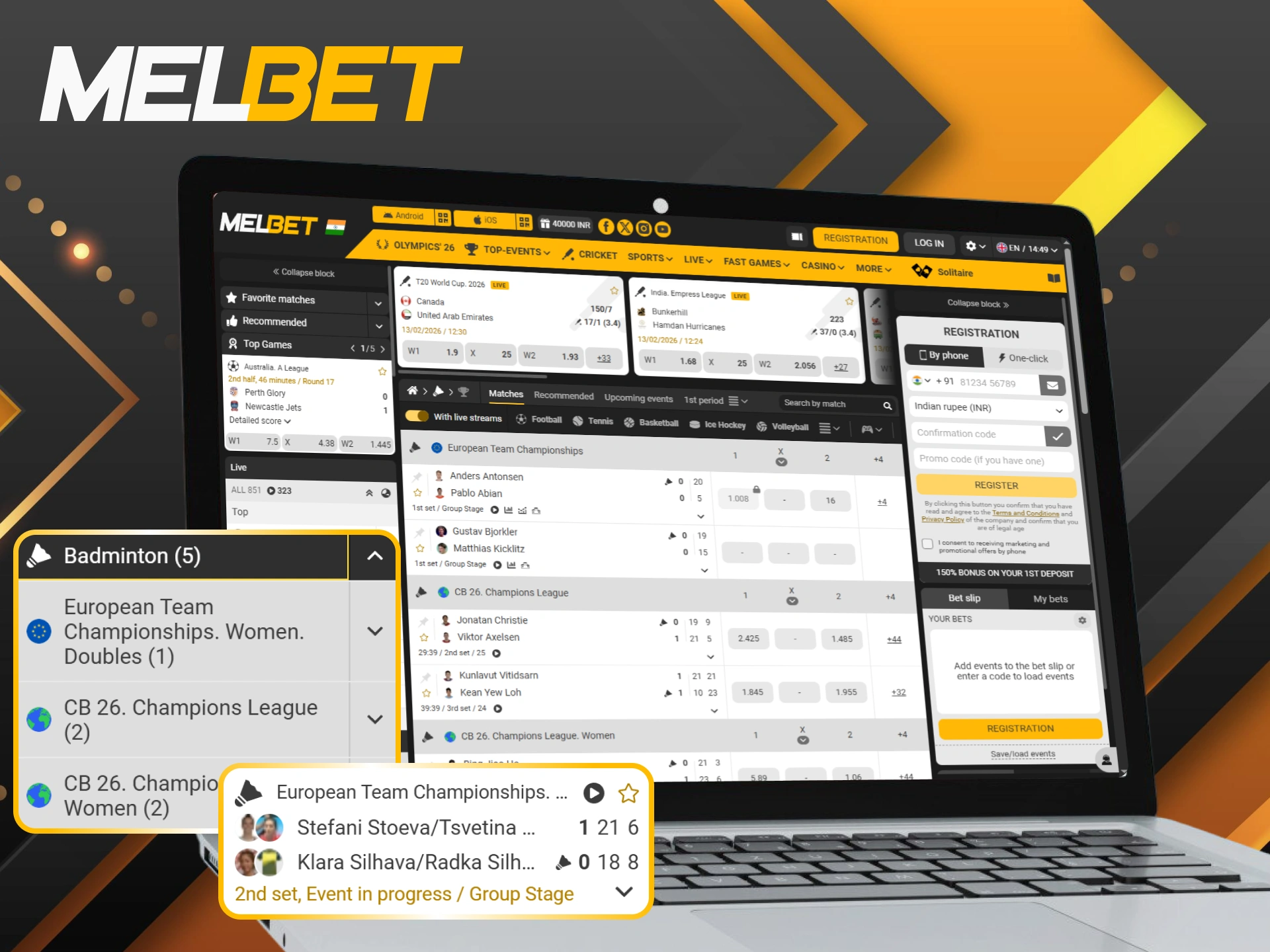 Place your live badminton bets on the official Melbet website.
