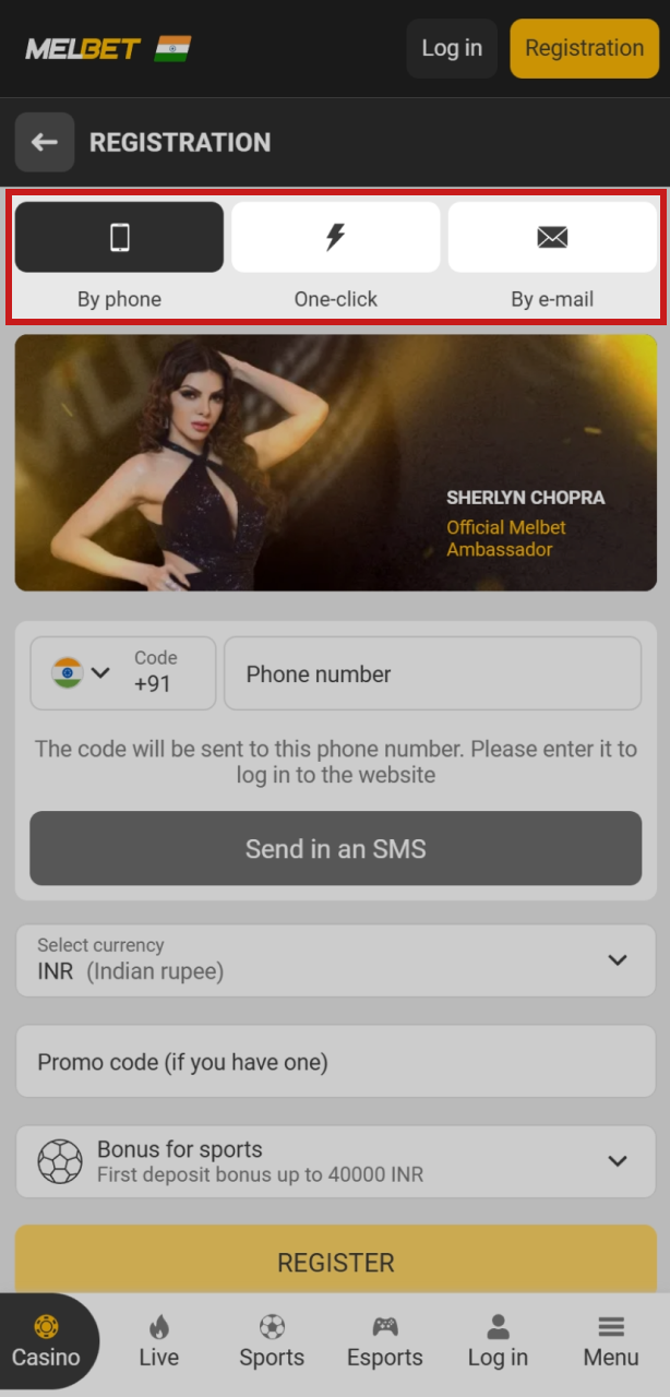 Choose your preferred Melbet registration method from options like phone, email, or one-click.