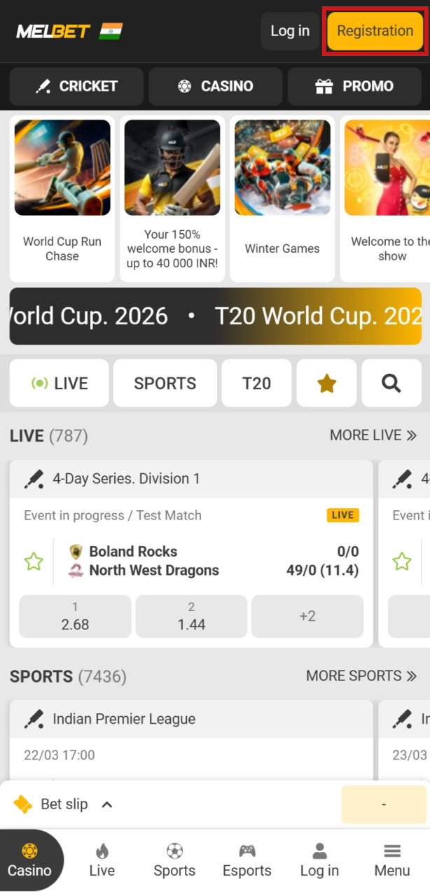 Locate the Melbet Registration button at the top of the screen to open the official sign-up form.
