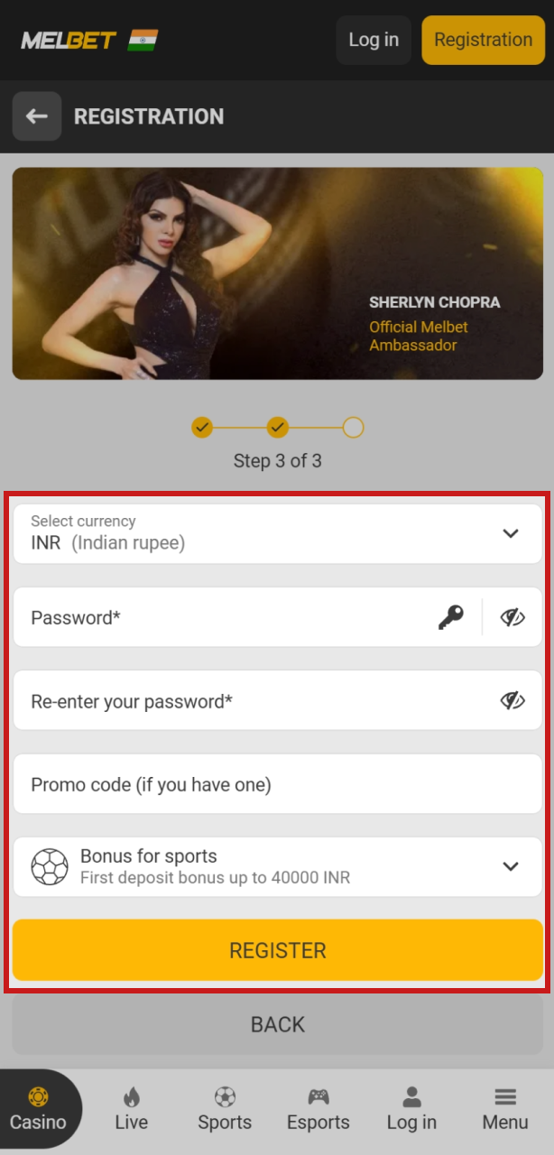 Select India and INR currency and pick your favorite welcome bonus to finish the Melbet account setup.