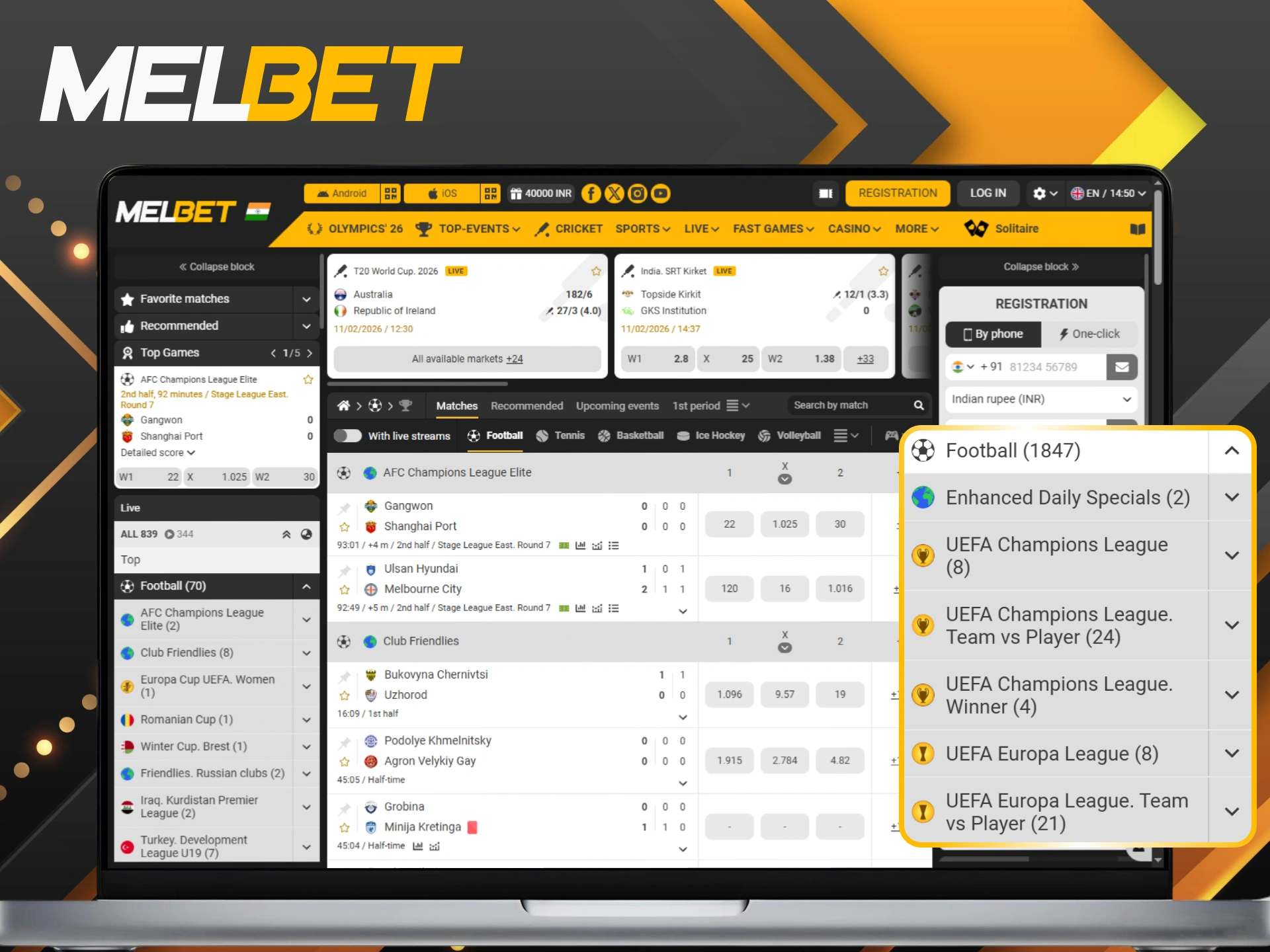 Place profitable bets on Sports football matches at Melbet India.