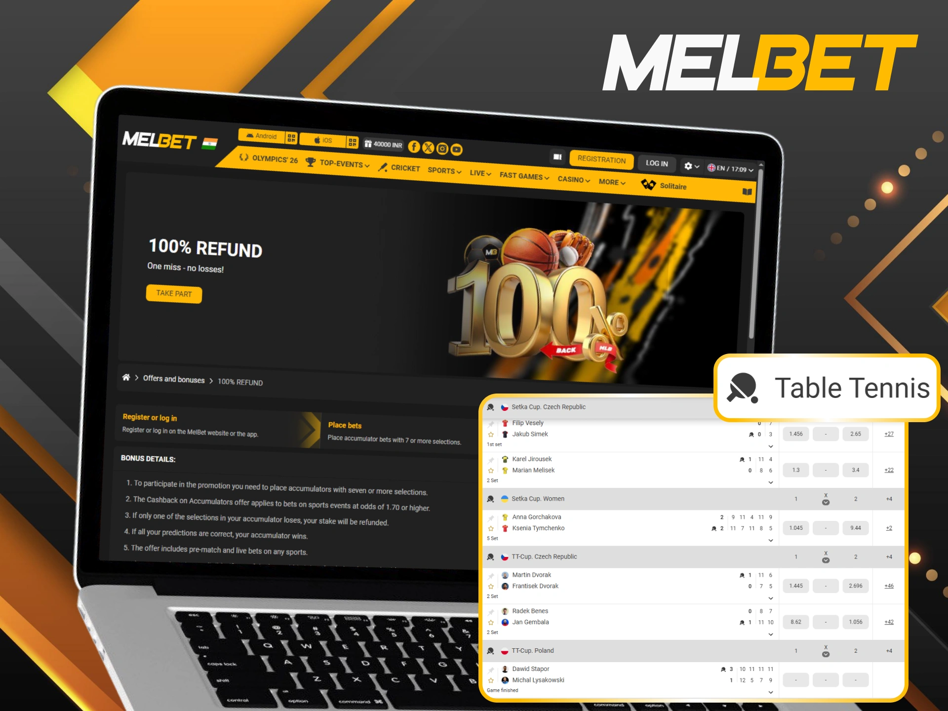 Secure a 100% refund on accumulators when betting Melbet table tennis.