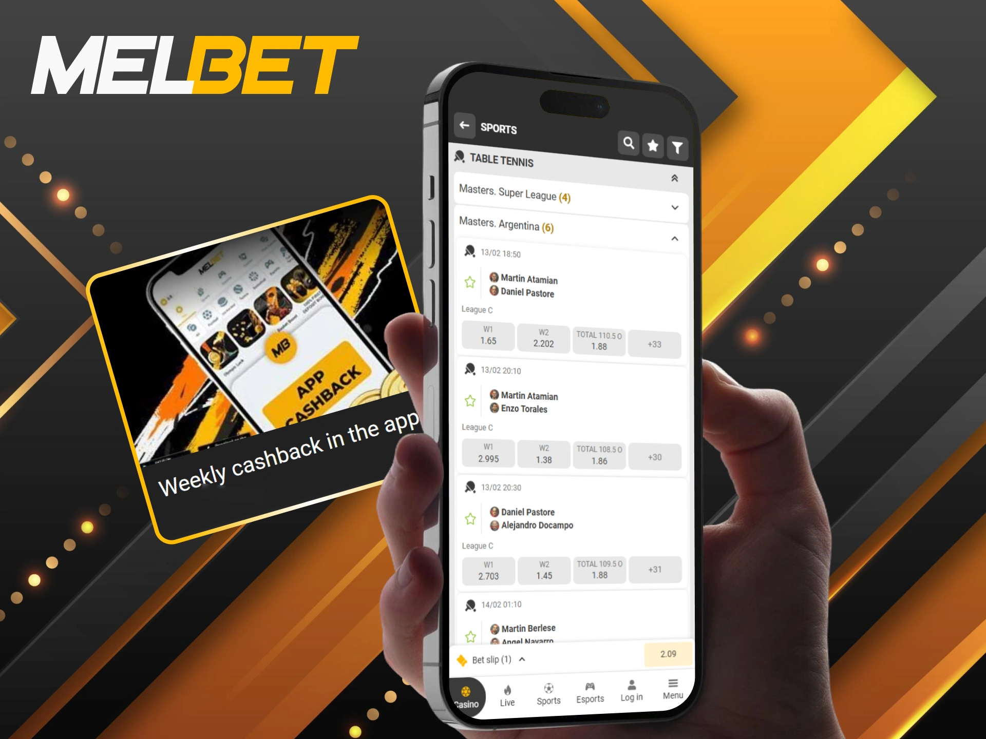 Receive a weekly cashback in the app for active Melbet table tennis predictions.