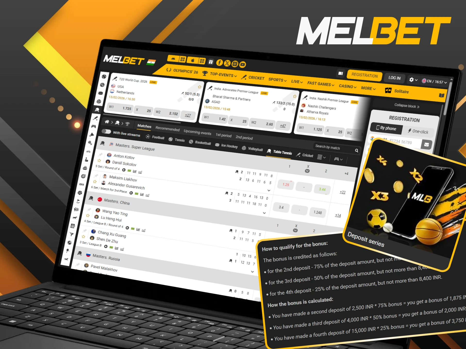 Get the deposit series bonus at Melbet to bet more on table tennis.