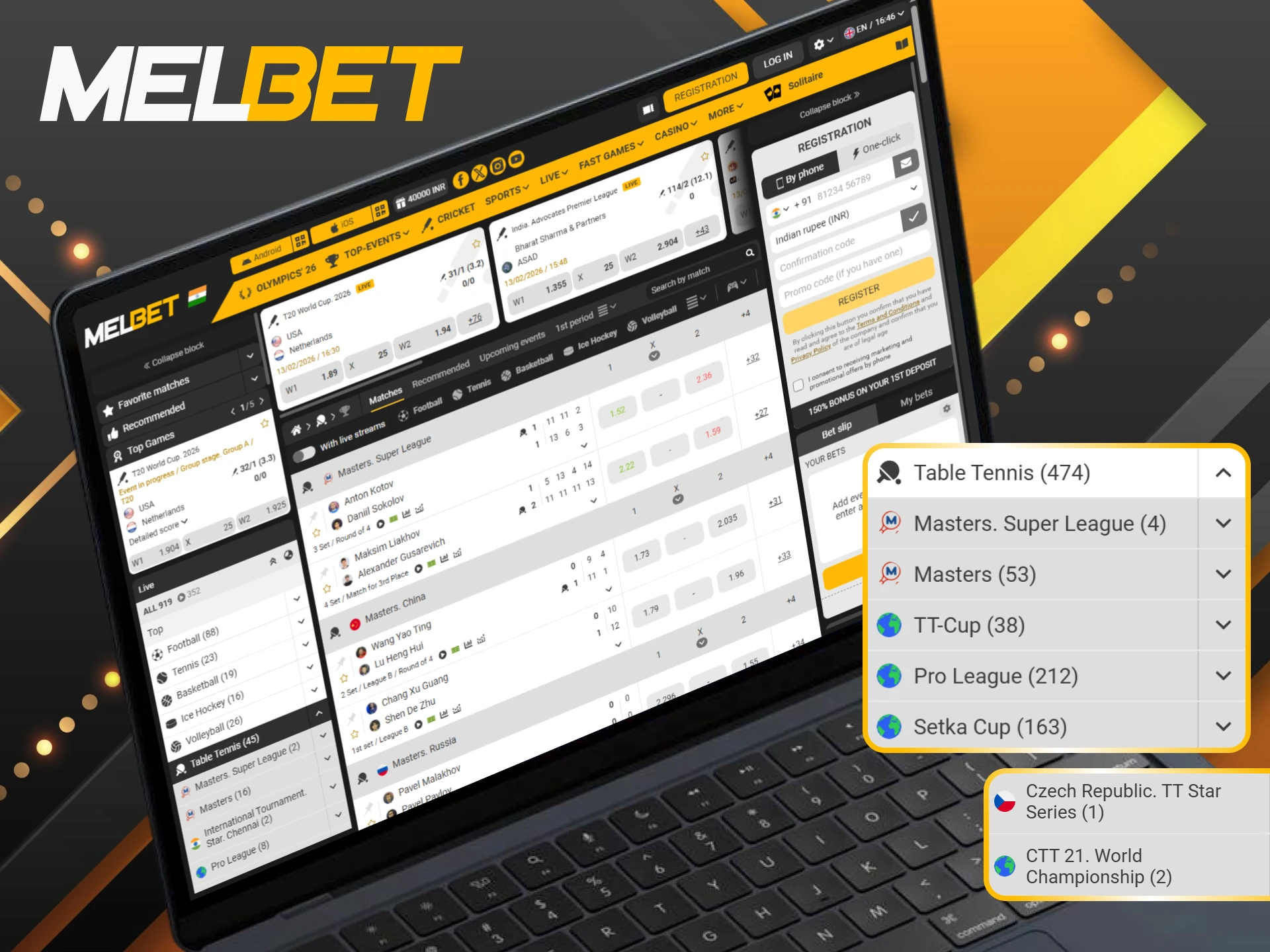 Support your favorite athletes in popular table tennis tournaments at Melbet.