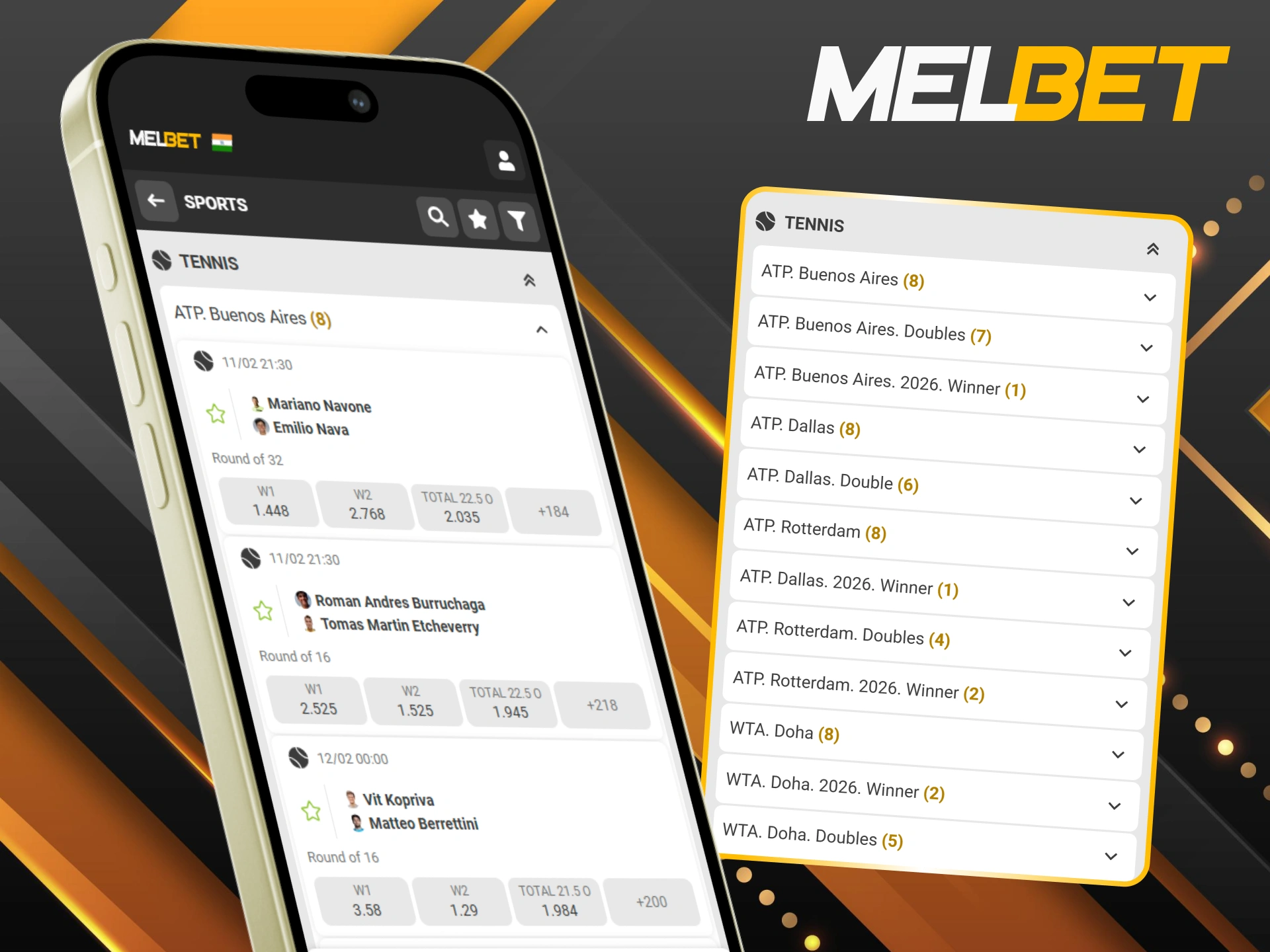 Start tennis betting via the app to play on Melbet.