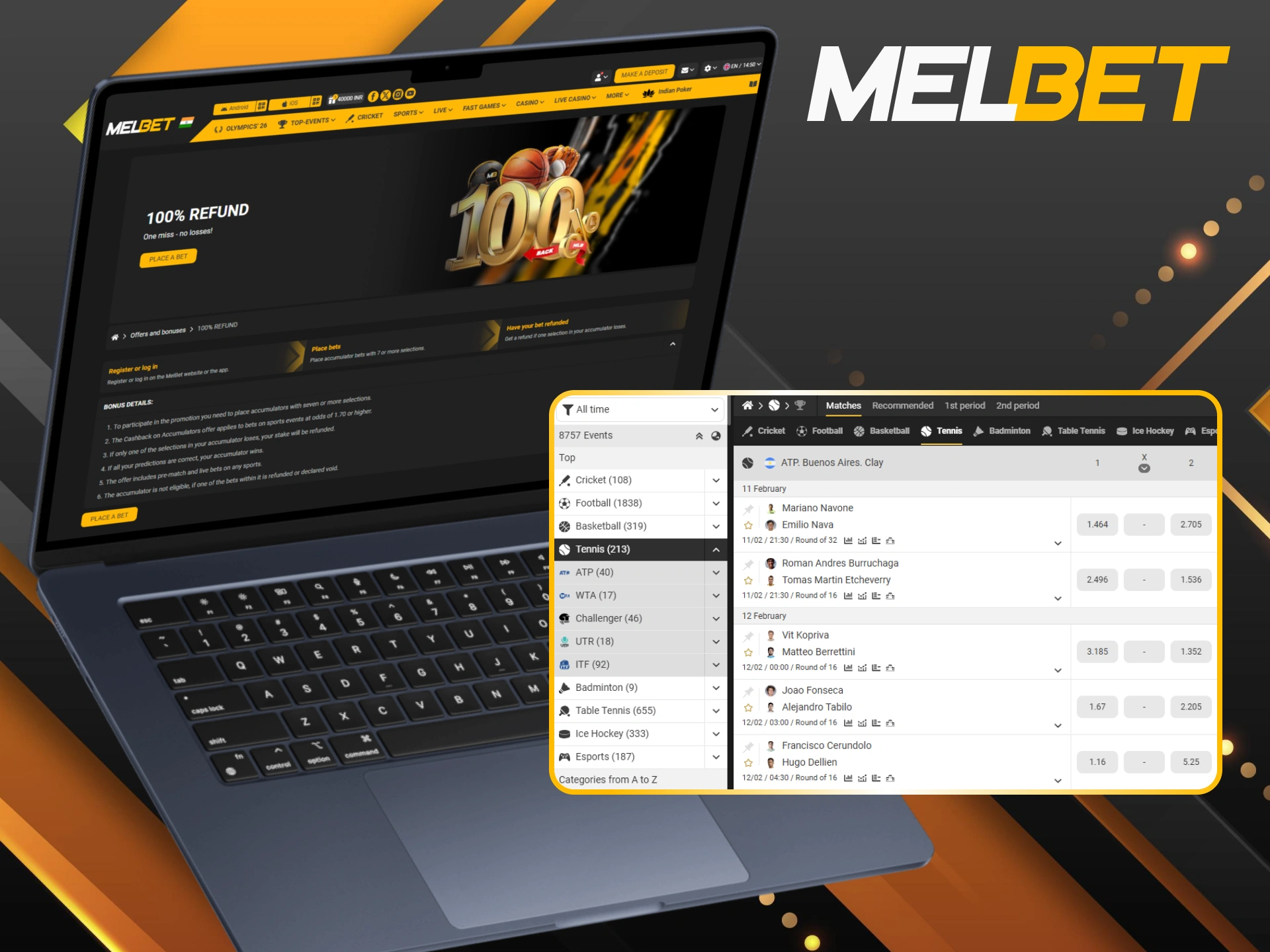 Secure a 100% refund on accumulators for your Melbet tennis bets.