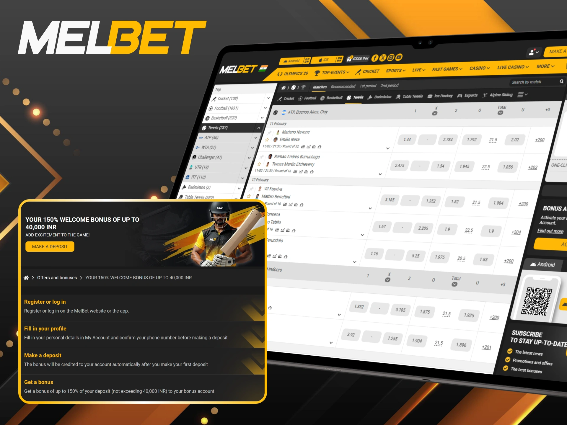 Claim a 150% sports welcome bonus to bet on Melbet tennis matches.