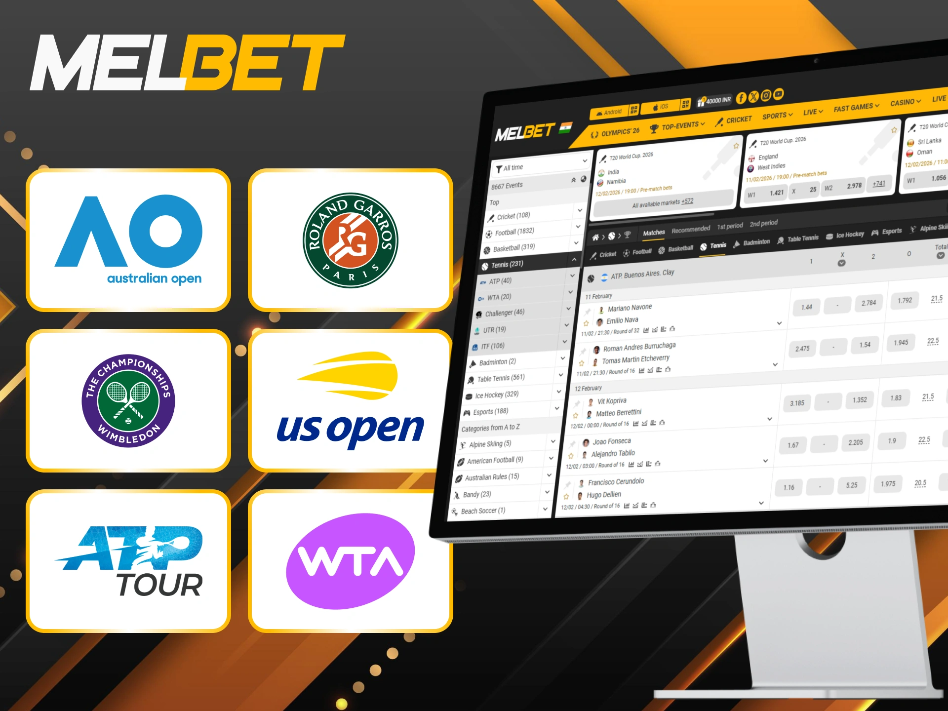 Explore popular tennis tournaments to bet on and win at Melbet.