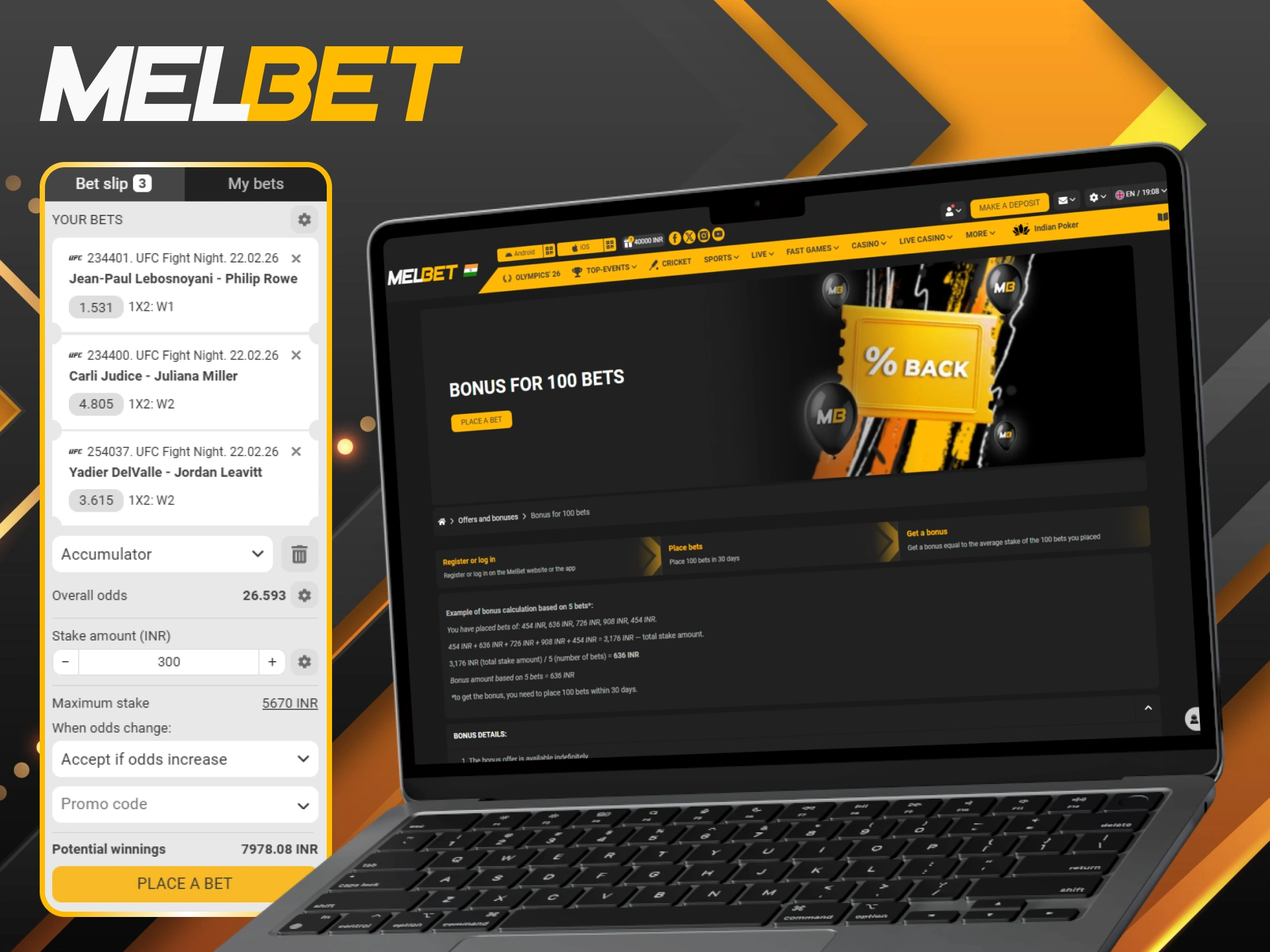 Earn a special Melbet bonus for 100 UFC bets placed.
