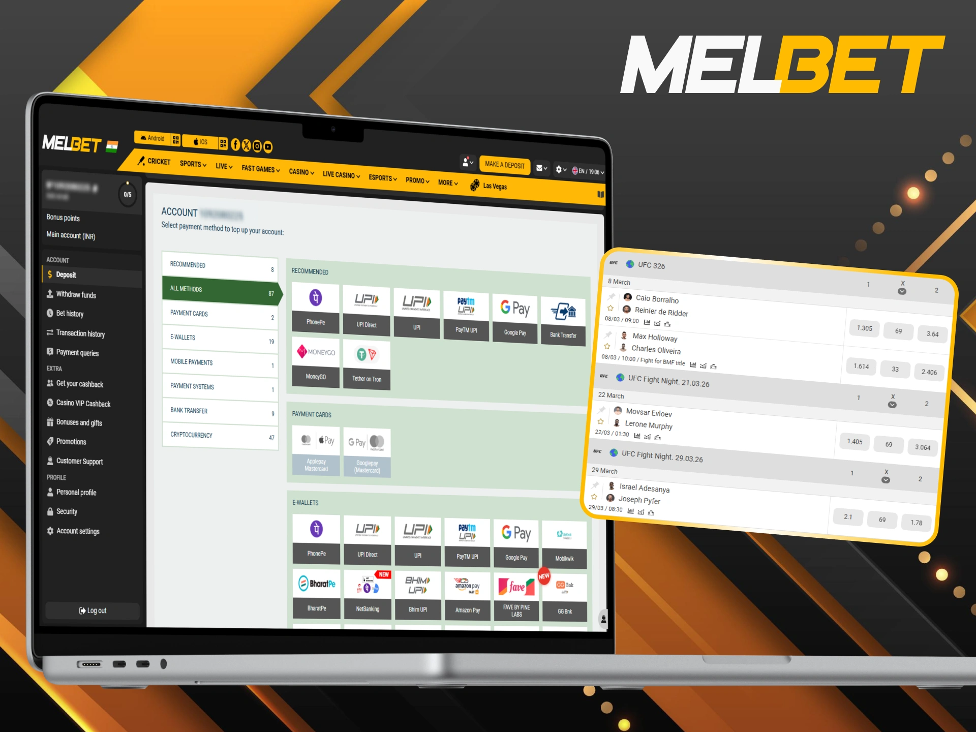 Use secure Melbet UFC payment methods to deposit and withdraw funds.