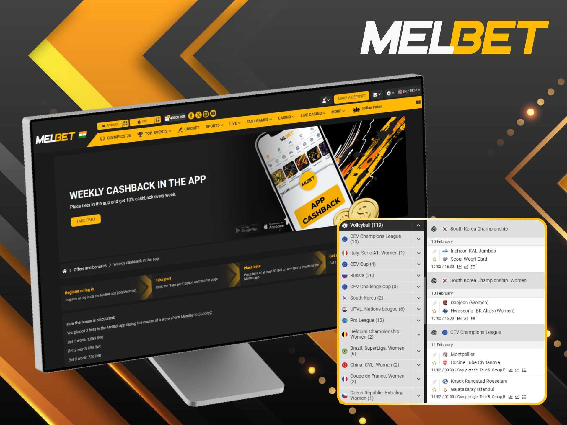 Get weekly cashback in the Melbet app for your active volleyball predictions.