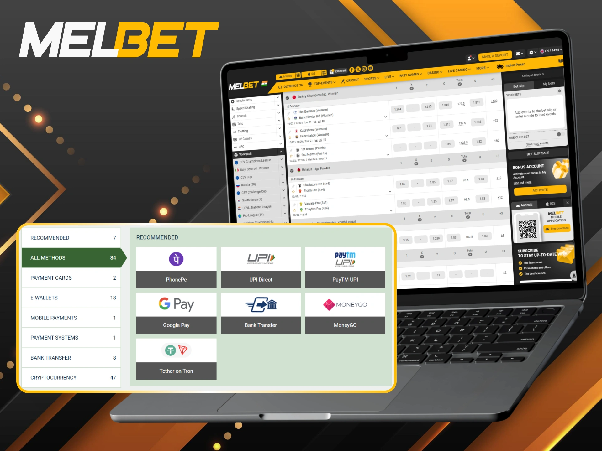Select preferred payment methods to deposit funds for Melbet volleyball betting.