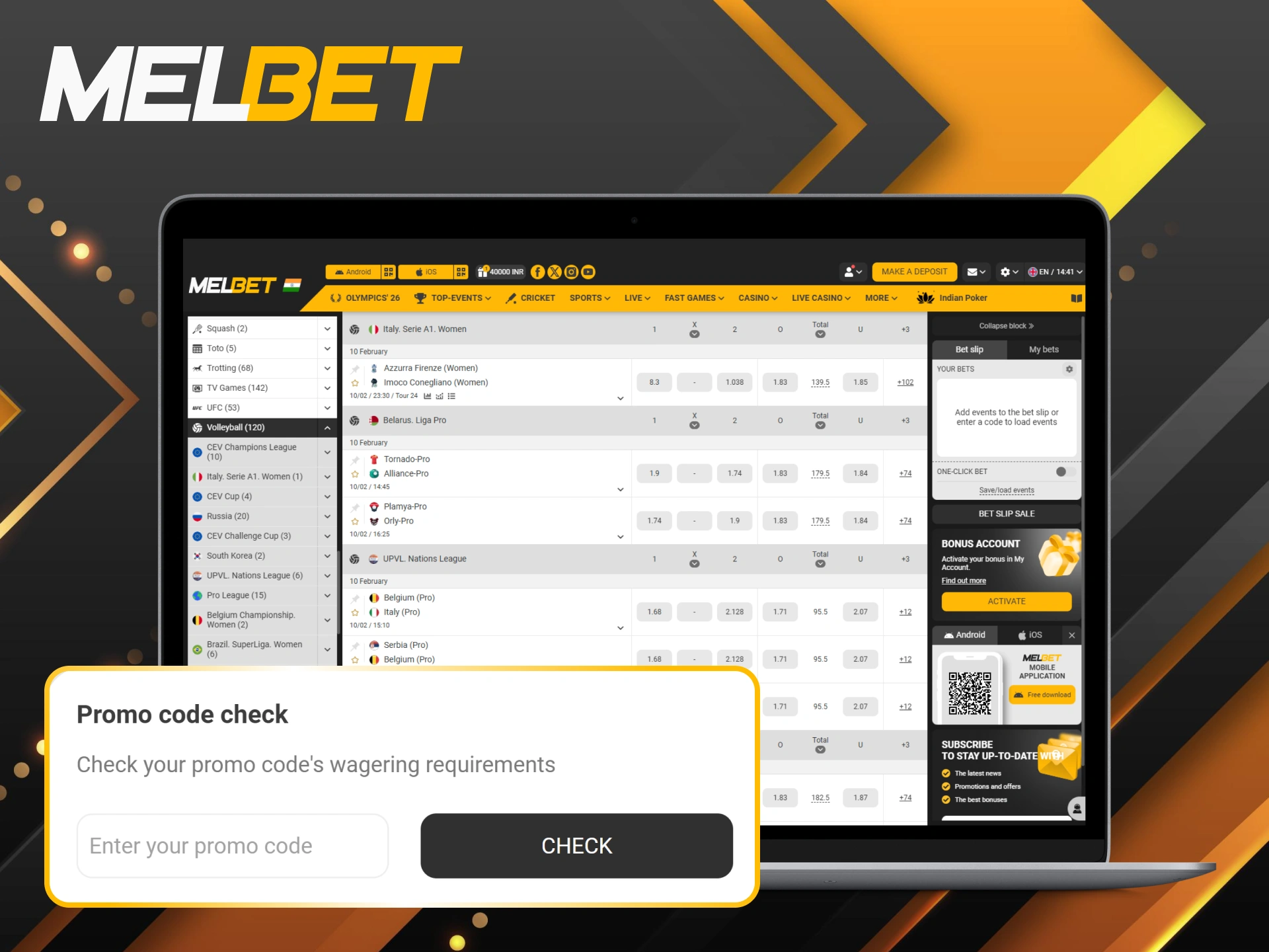 Use the actual promo code for exclusive rewards on Melbet volleyball bets.