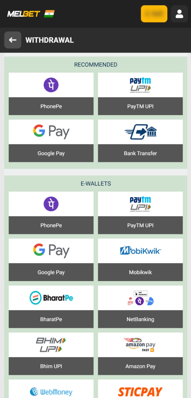 Select a secure payment option and enter your desired withdrawal amount at Melbet.