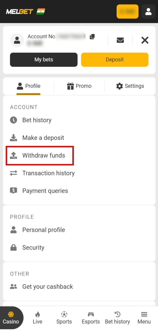 Select the Withdraw funds option to view all available payout methods for India in Melbet.