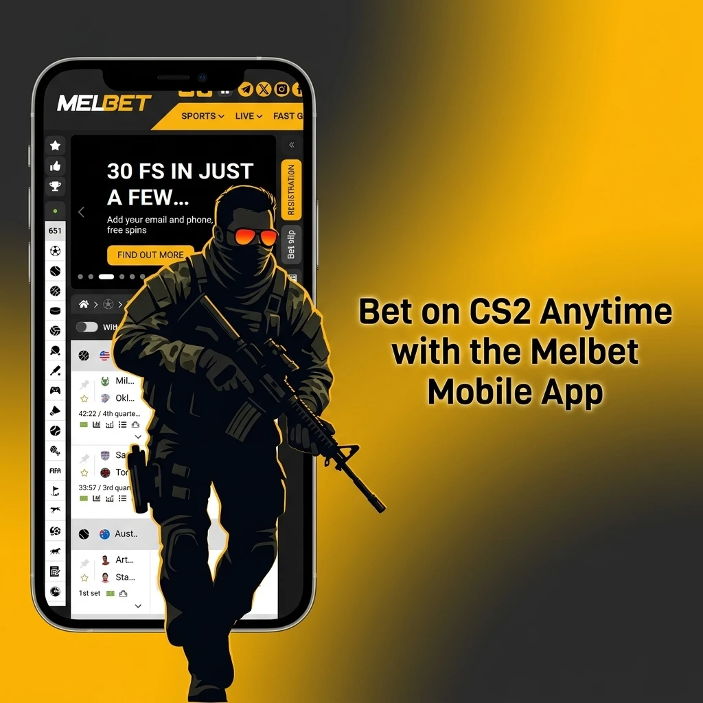 Melbet mobile app interface showing CS2 eSports betting options on Android and iOS devices