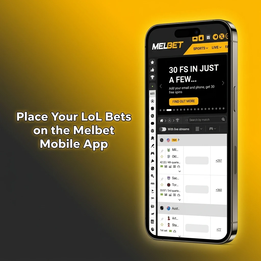 Melbet mobile app interface showing League of Legends esports betting markets on Android and iOS devices