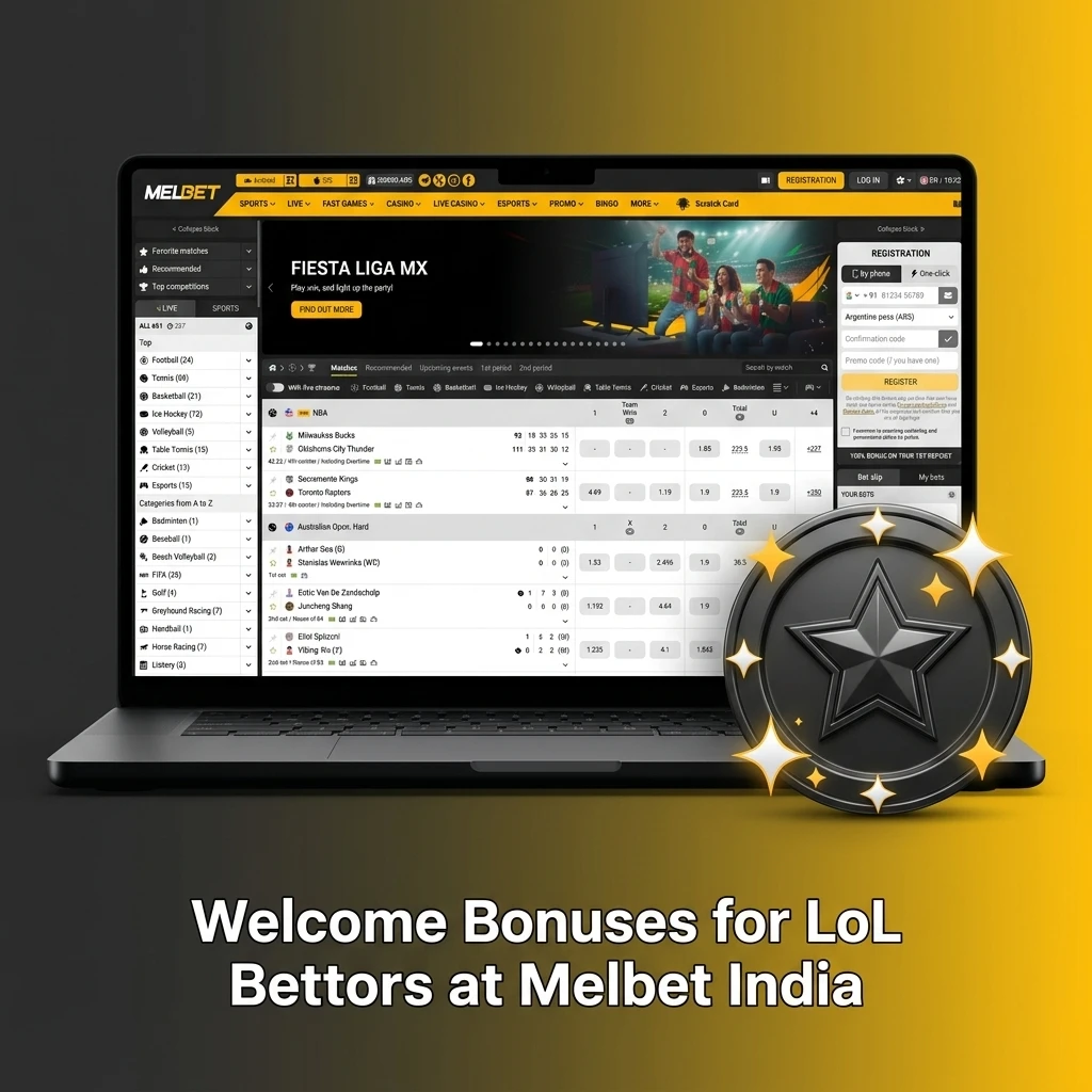 Melbet India welcome bonus for LoL bettors showing 150% sports bonus up to 40,000 INR and casino pack offer