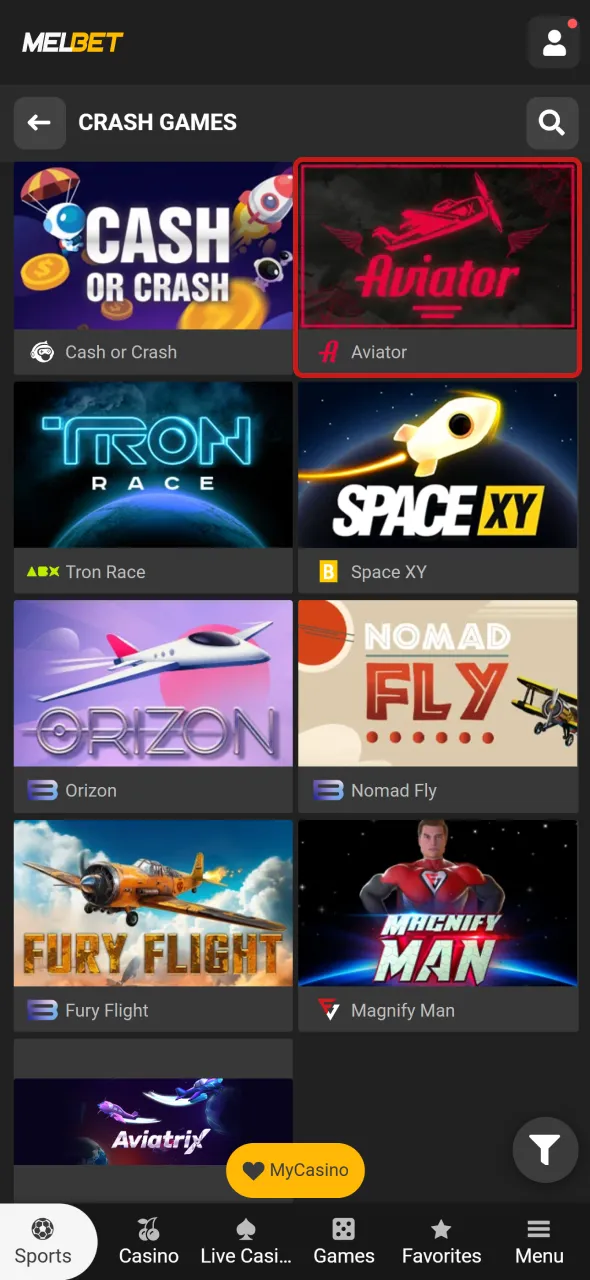 Find and open Aviator on Melbet and start your game session.