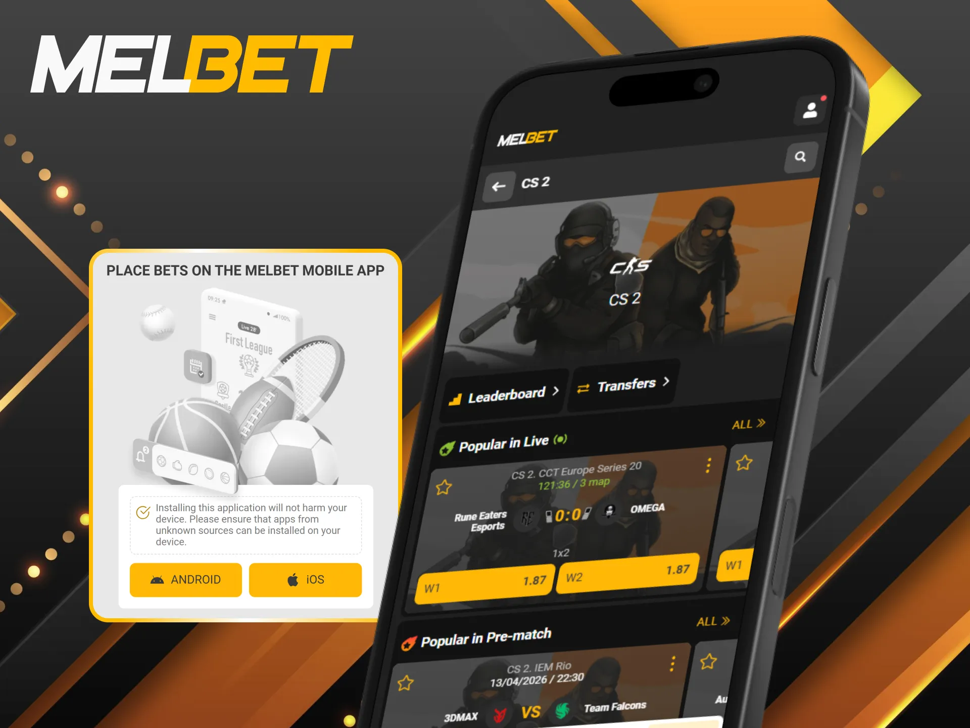 Bet on CS2 anytime using Melbet mobile app and stay active.
