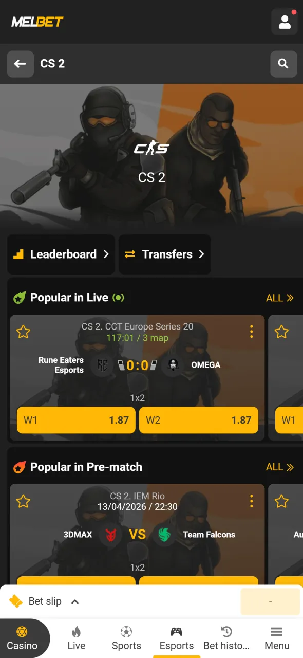Choose your CS2 market on Melbet and place your bet.