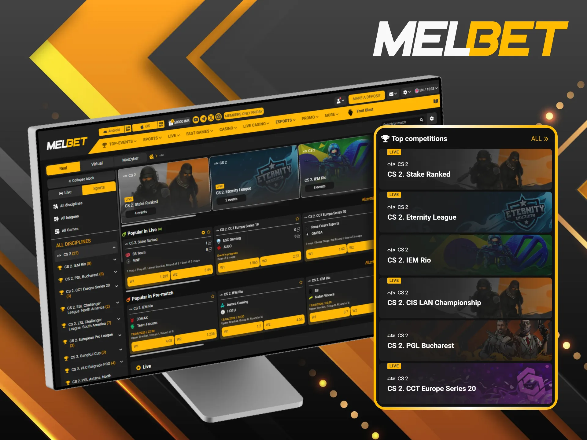 Bet on biggest CS2 tournaments at Melbet and follow top teams.