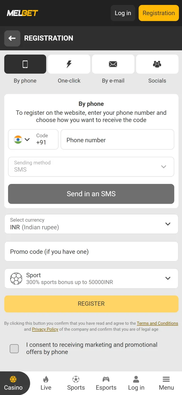 Fill in your details on Melbet and create your StarCraft II betting account.